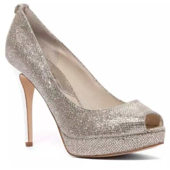 IOB Michael Kors York Silver Glitter Open Toe Platform Heel Size 10B - Picture 1 of 9